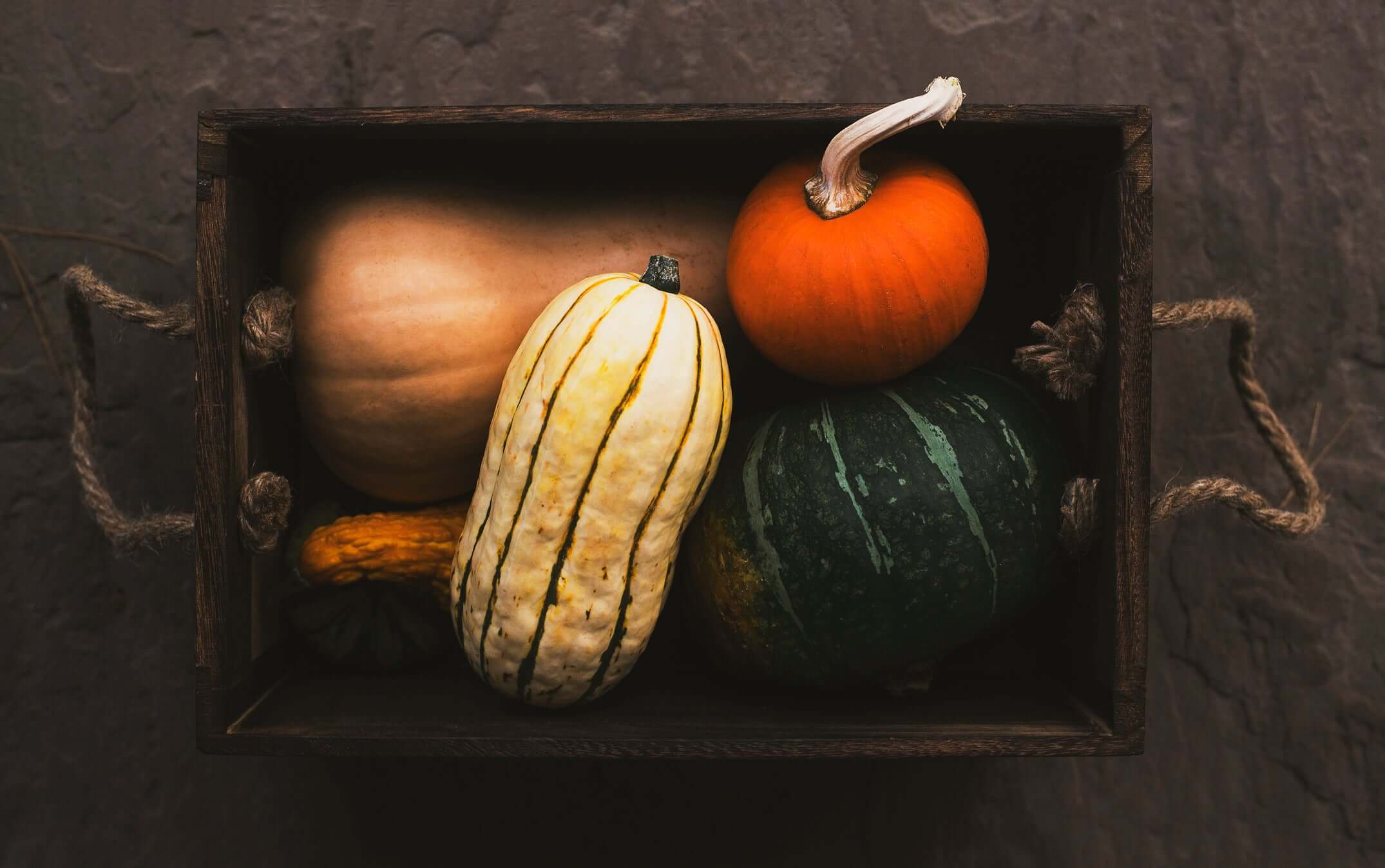 Fall Harvest box filled with pumpkins and squash for a Happy Thanksgiving