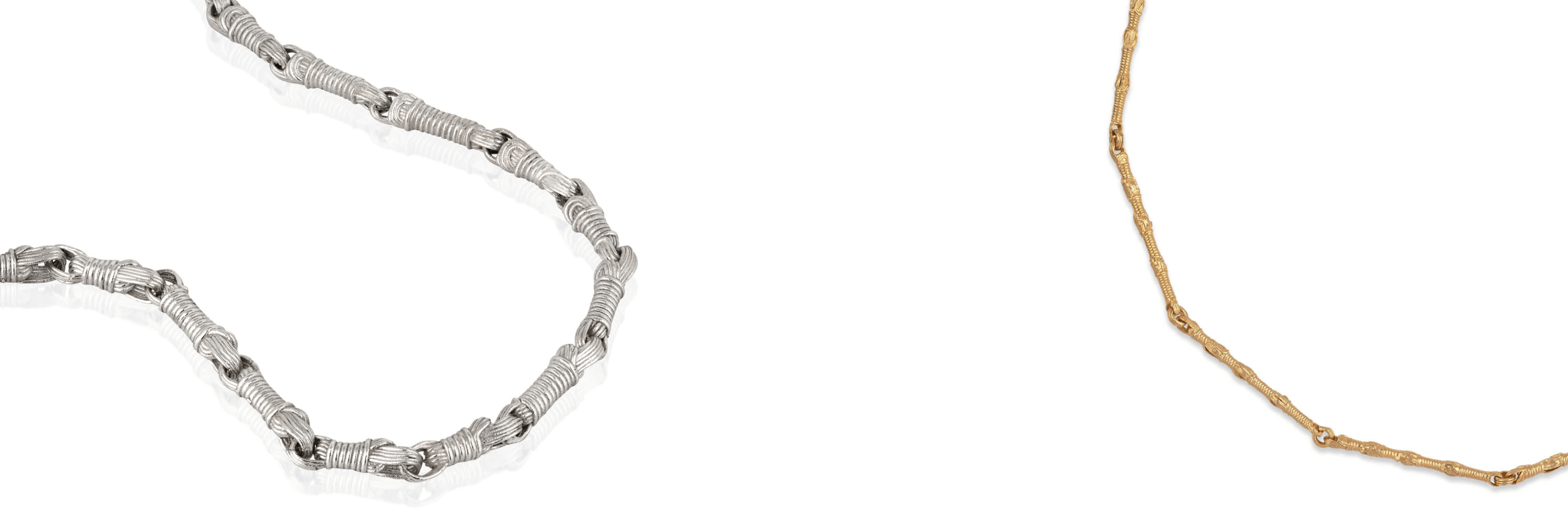 Architectural Tzitzit collection featuring a 14K gold chain and 925 sterling silver chain, handcrafted in Israel by Breindell.