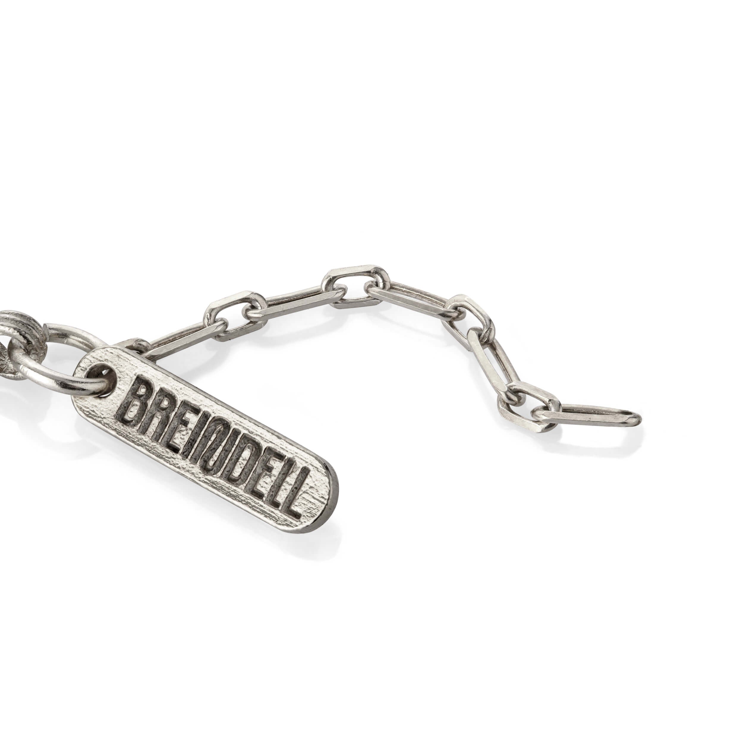 Breindell Jewish jewelry logo engraved in 925 sterling silver on Tallisman I Bracelet №1 with extension chain, displayed on white background
