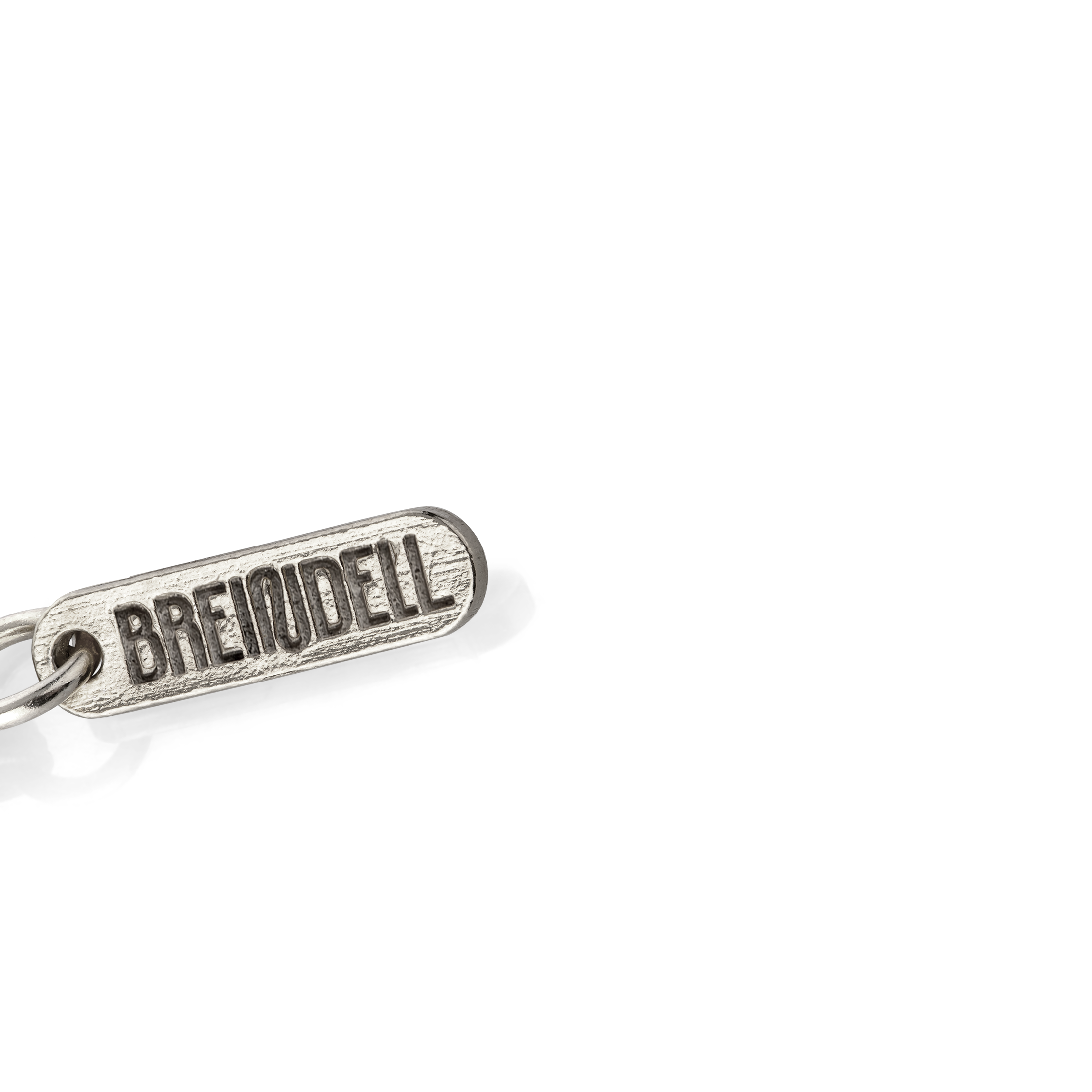 Close Up of Breindell Logo  in Sterling Silver on white background with soft shadow — Ashkenazi Tzitzit-inspired Jewish jewelry and Judaica, handcrafted in Israel