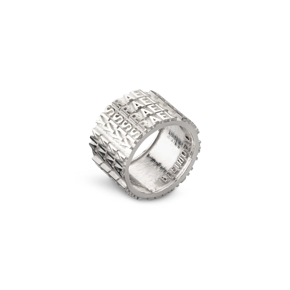 Am Yisrael Chai statement ring in sterling silver with the words in bold English letters, by Breindell