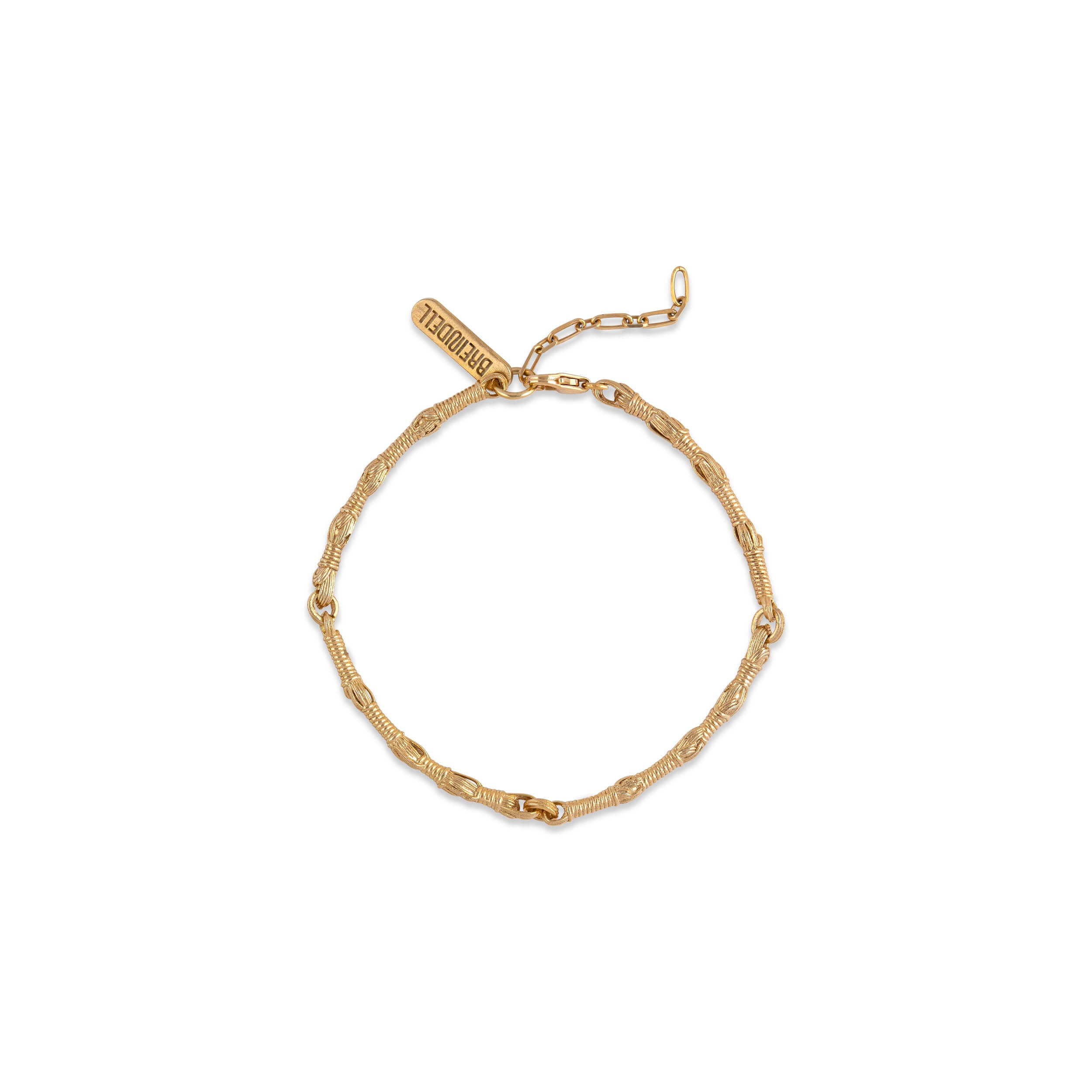 Front view of the Breindell Tzitzit I Bracelet in 14K gold, showcasing the architectural geometric forms and minimalist structural design, handcrafted in Israel.